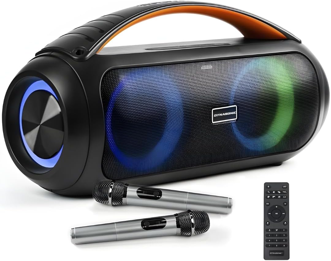 DYNASONIC Powerful Bluetooth Speaker with Wireless Microphone, IPX7 Waterproof, RGB LED Lights, USB/SD/AUX, Long Battery Life, Ideal for Parties, Beach and Outdoors