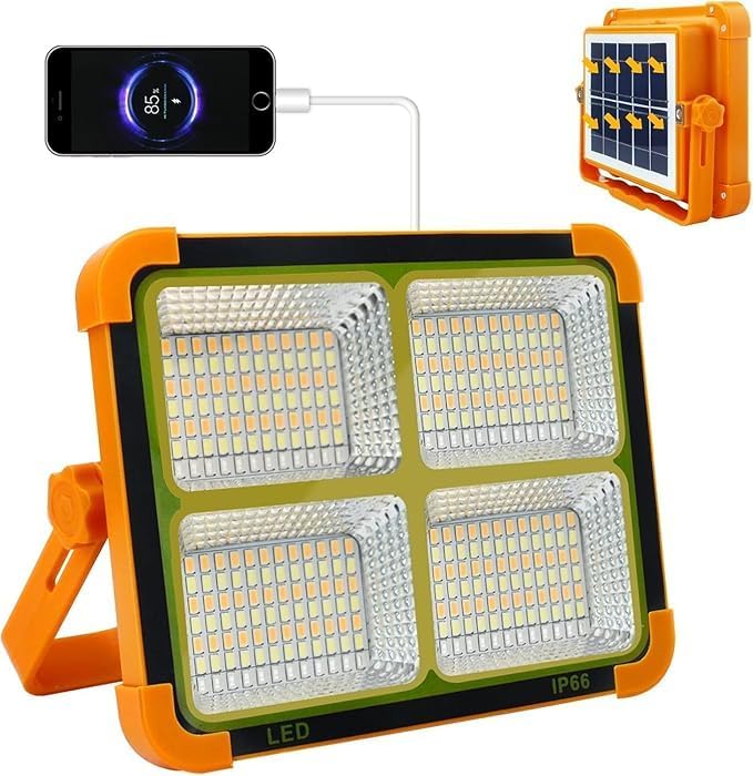 CREATESTAR Luz de trabajo solar LED de 100 W, reflector portátil de 10000 lm con 4 modos de luz, impermeable IP66, función de banco de energía, duración de la batería de 24 horas