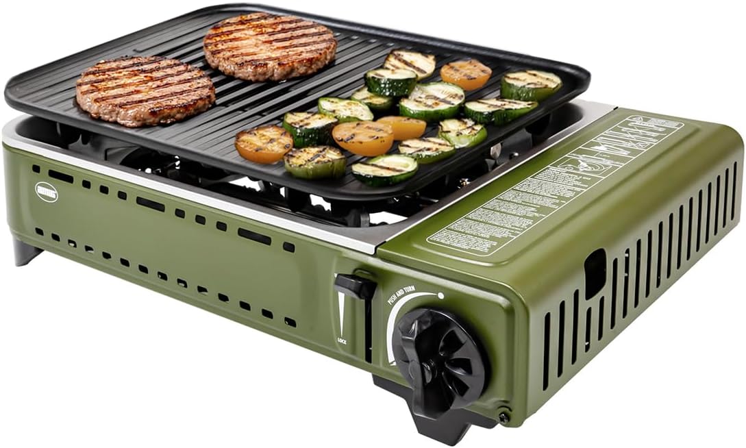 Amig - Camping Gas - Portable Kitchen - Grill Stove - Cast Aluminium Grill - With Stainless Steel Fat Collection Tray - 1.8 Kw Power - Cartridges B-250