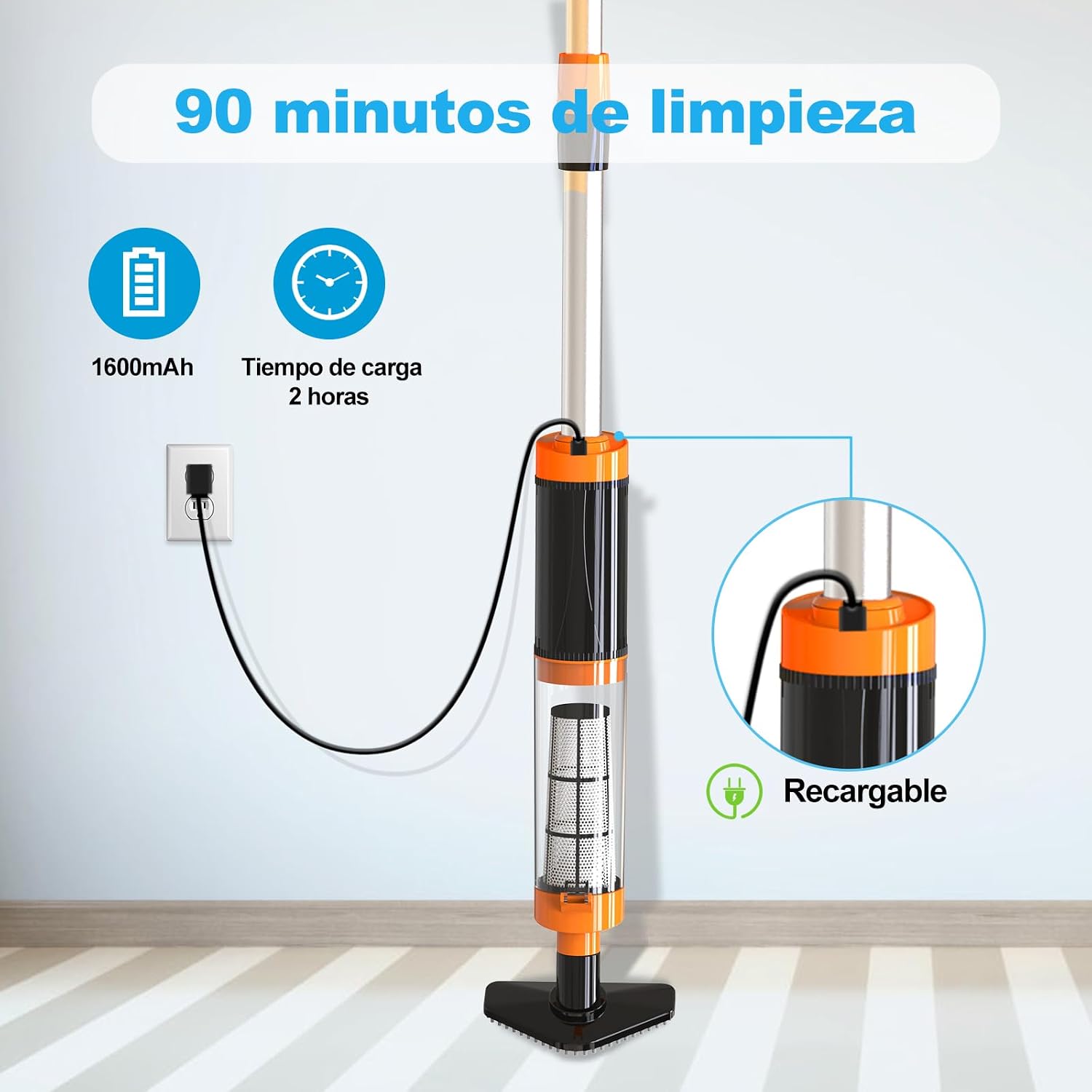 3 in 1 Manual Pool Vacuum Cleaner, Electric Pool Cleaner | Cordless Pool Vacuum Cleaner with Battery for Spas, Small Pools, Run Time 90 Minutes, Orange - Imagen 7