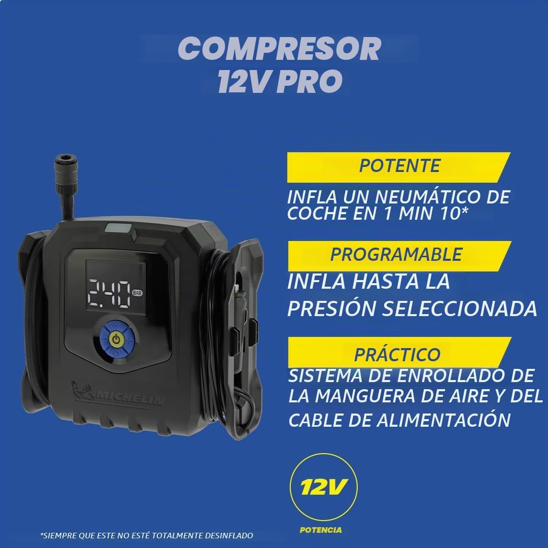 MICHELIN 009542 Professional Electric Air Compressor – Tyre Inflator for Car – Programmable Pressure 8 Bar 168 W – 12 V Lighter – Inflates a Tyre in 1min10 – 3 Nozzles - Imagen 4