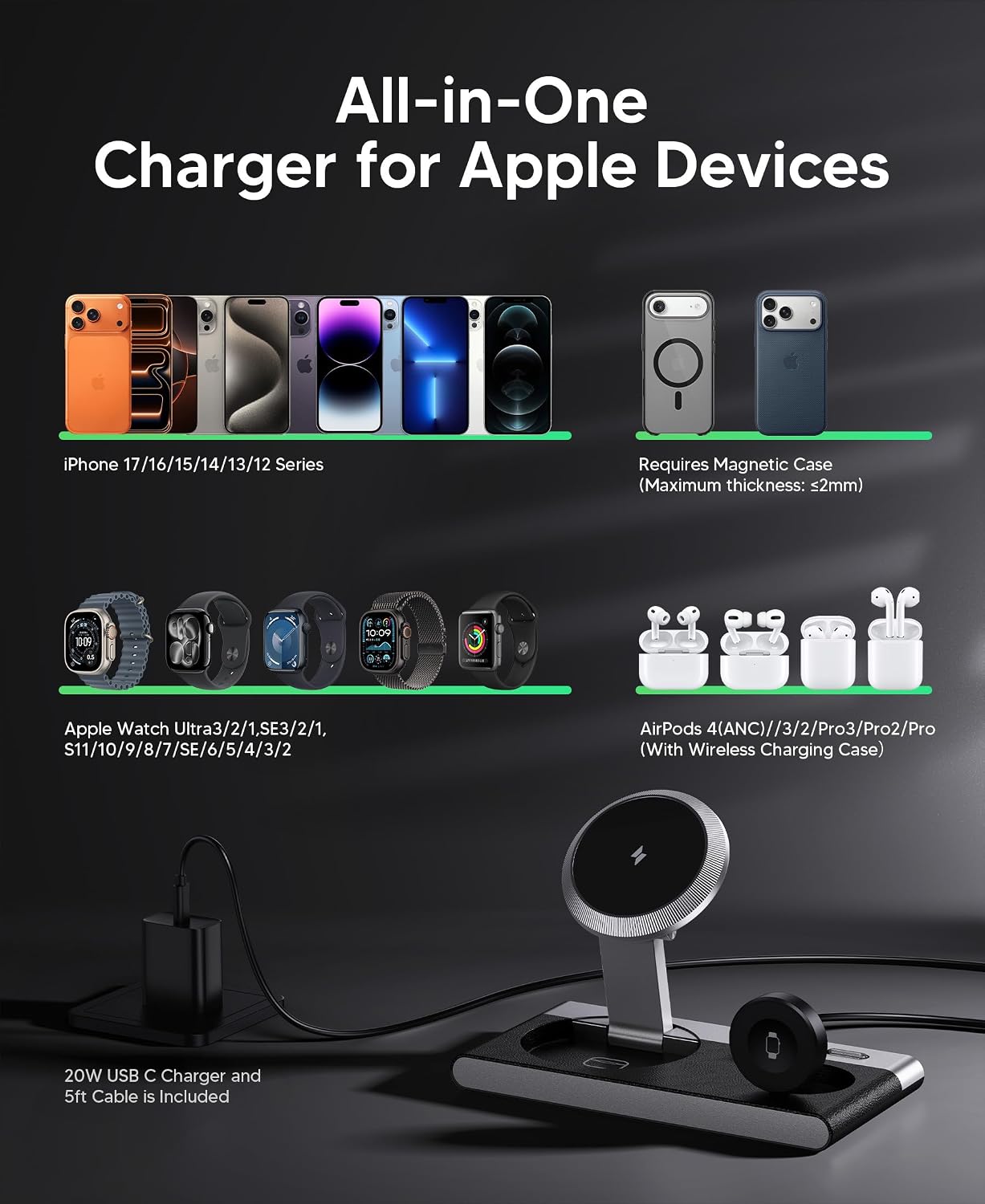 3 in 1 Foldable Magnetic Wireless Charging Station for Apple Devices, Leather Like Wireless Charging Dock with Night Light for iPhone 17/16/15/14/13/12, Apple Watch, AirPod - Imagen 7