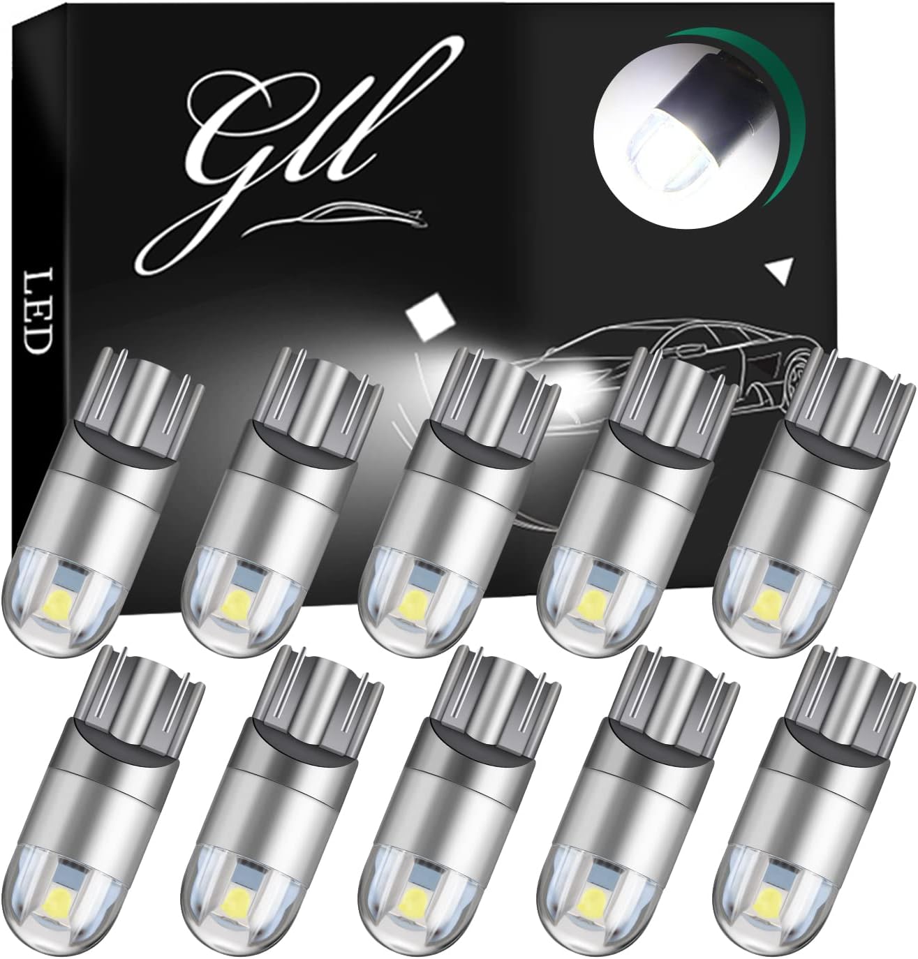 GLL 10PCS W5W T10 501 LED Bombillas 12V Interior de Coche 6500K Blanco