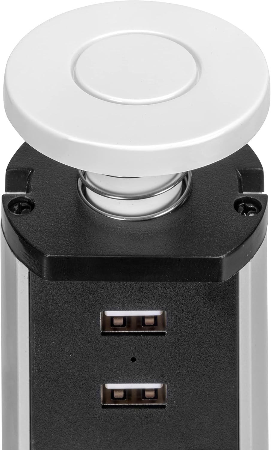 Emuca - Recessed power strips, retractable multi-plug strip, 3 EU sockets and 2 USB ports, Recessed vertical socket tower for countertop, painted white, plastic and aluminium - Imagen 4
