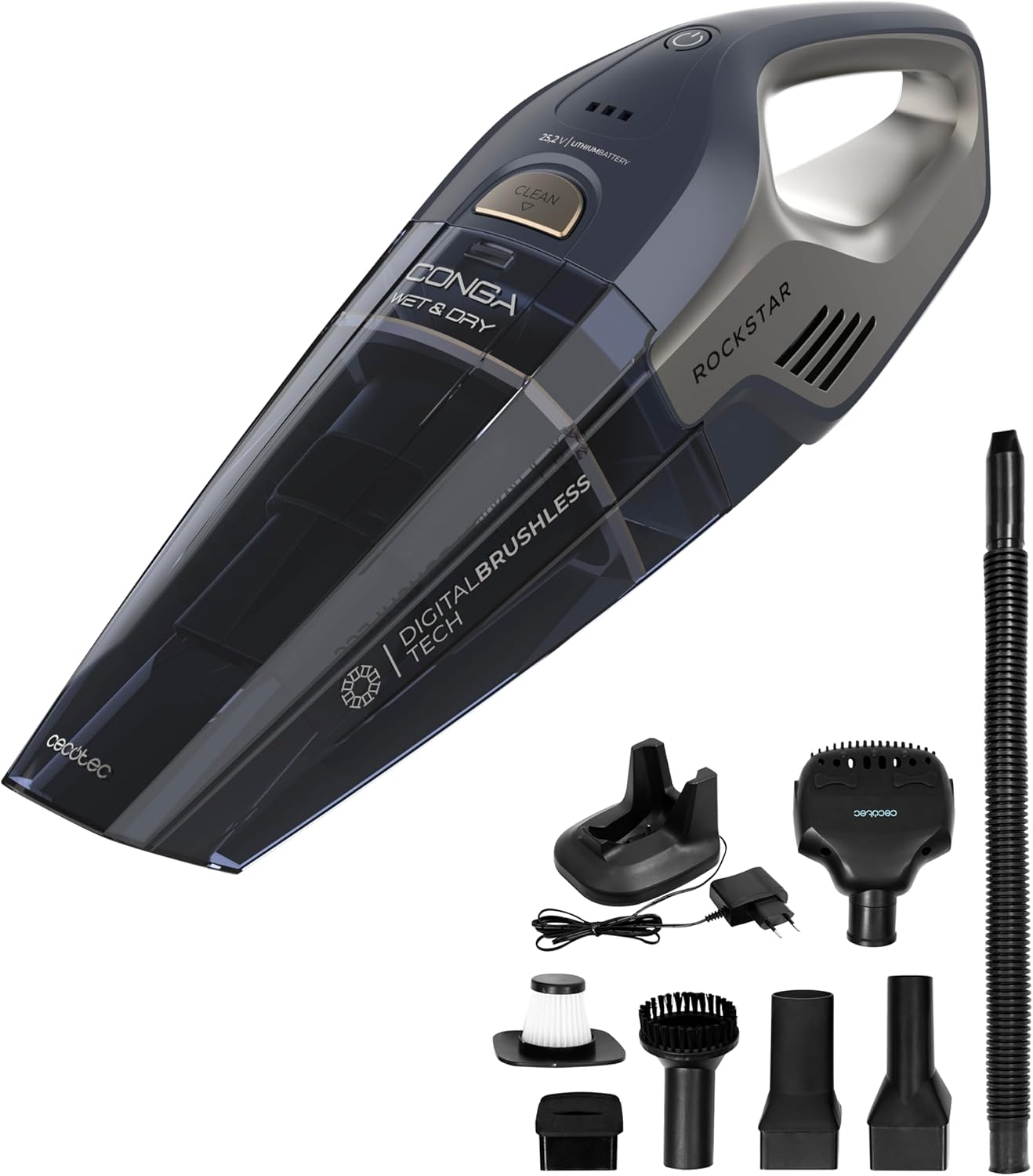Cecotec Conga Rockstar 25.2V Animal Hand Cordless Handheld Vacuum Cleaner. 200W, 20kPa, Solids and Liquids, Brushless Digital Motor, 500 ml Reservoir, 40 min Autonomy, Suitable for All Surfaces
