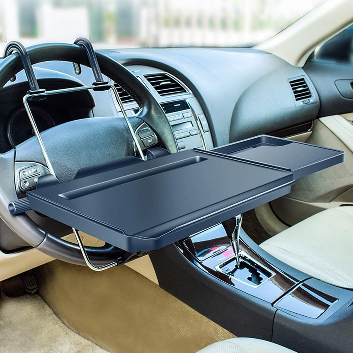 2 in 1 Car Steering Wheel Tray, Back Seat Headrest Tray for Eating Food, Drinks and Writing Work on Laptop, Black Car Desk