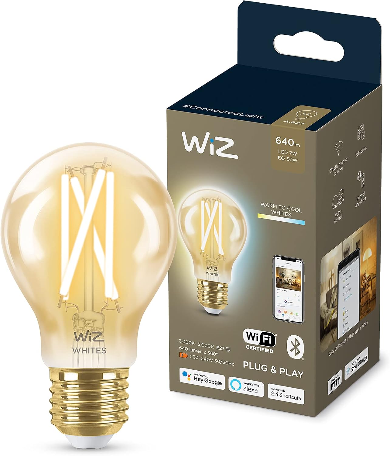 WiZ - Wi-Fi LED Filament Smart Bulb, 6.7w (Eq. 50w) E27 A60, Warm White to Cold Dimmable Light, with SpaceSense Technology and Compatible with Alexa and Google Home