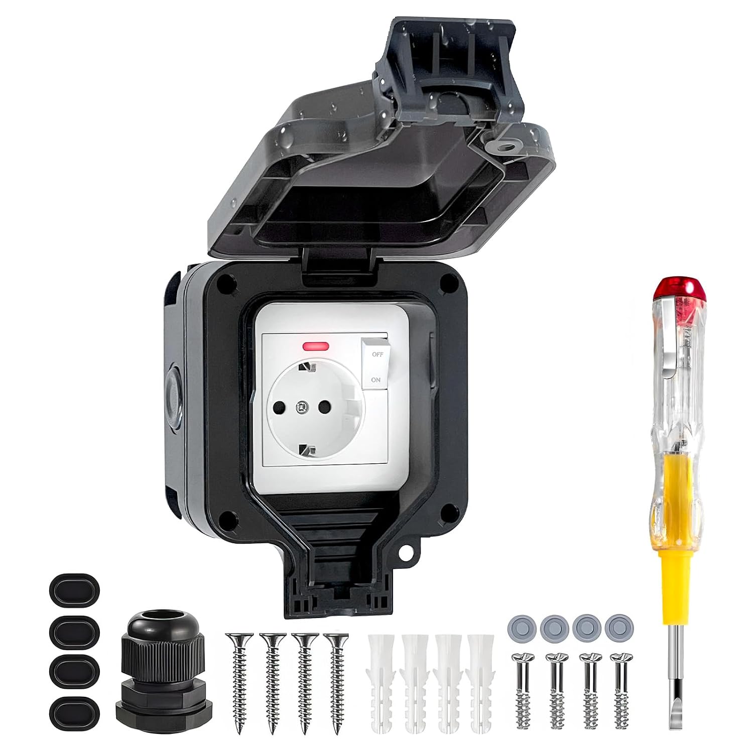 IP66 Waterproof Outdoor Socket with Switch and LED Light, Waterproof Power Socket for Garden, Terrace and Wet Areas, Wall Installation, Black