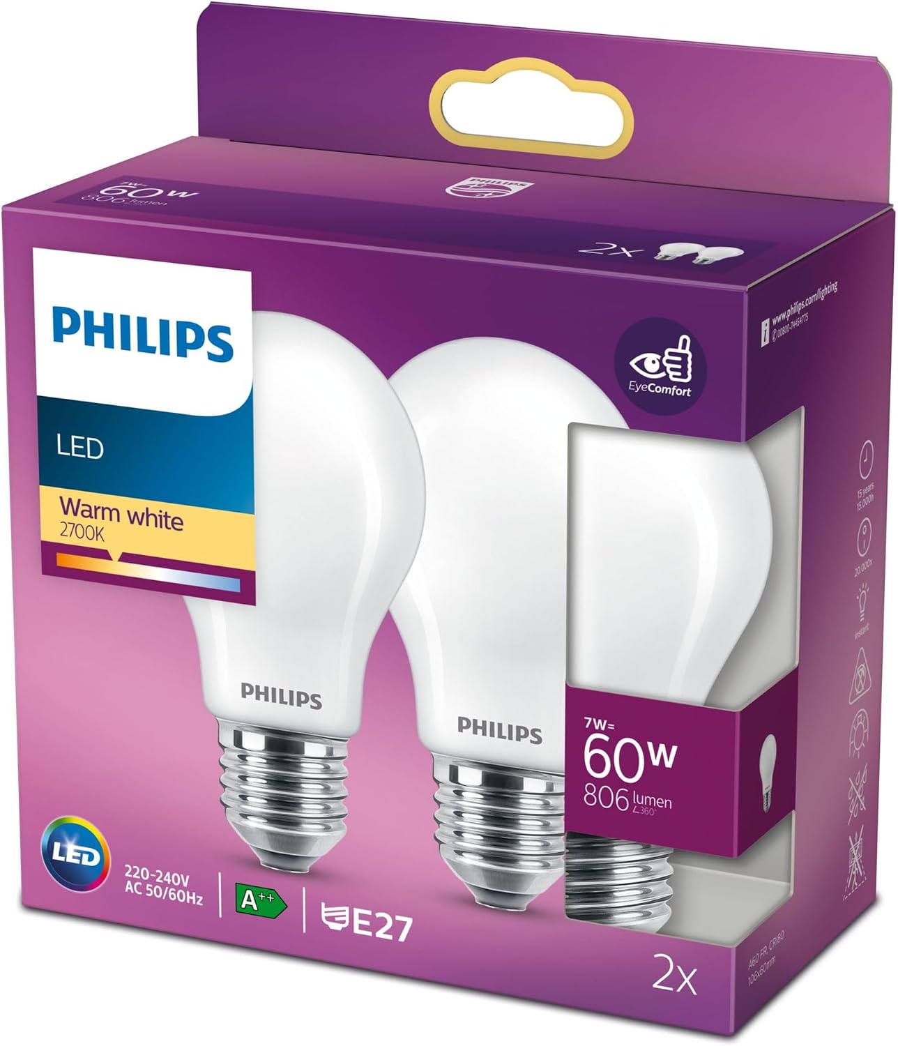 PHILIPS - Glass LED Bulb, 60W, E27, Standard, Matte, Warm White, Non-Dimmable, Pack of 2 Units - Imagen 3