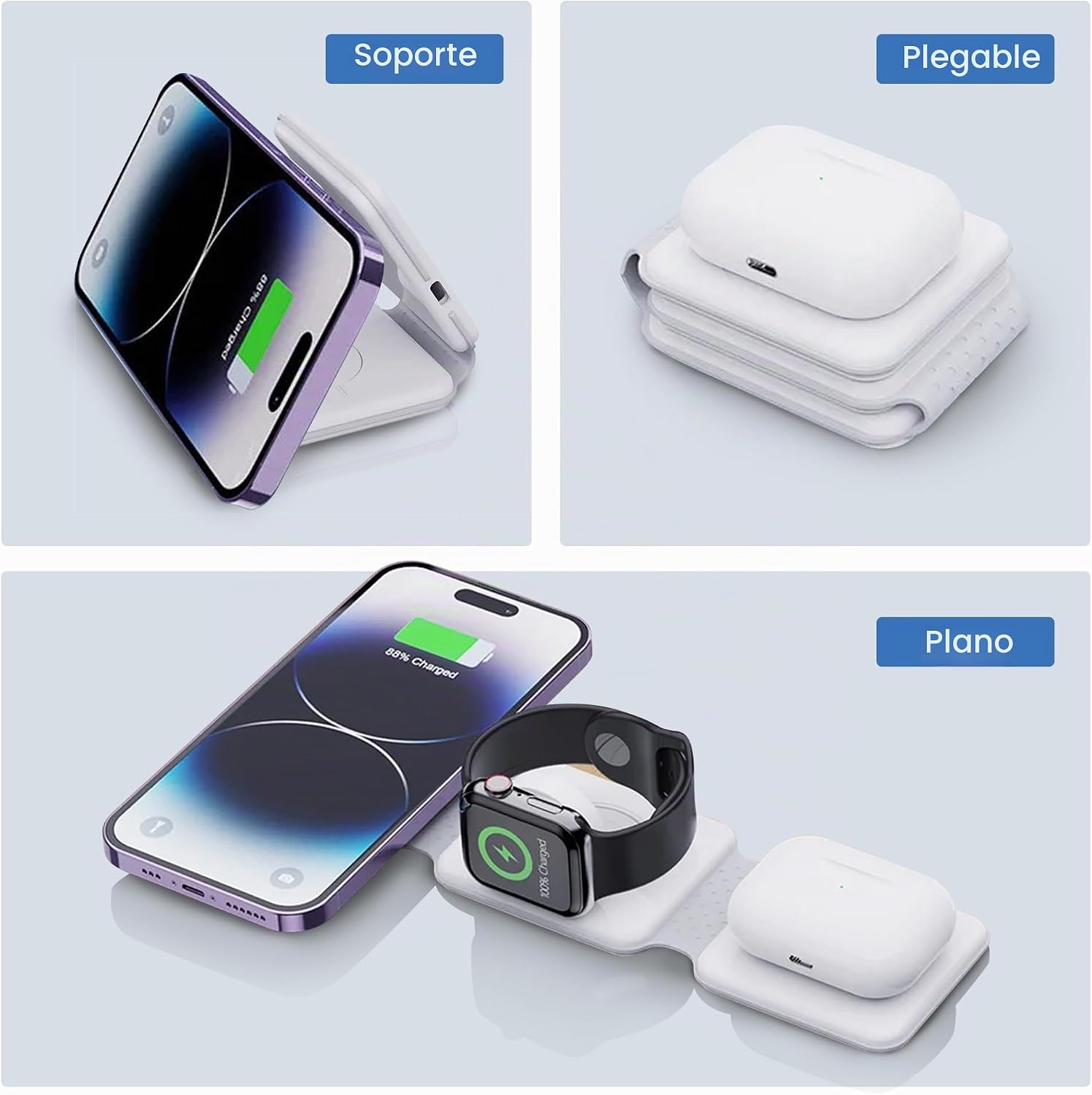HD-Line Magnetic Wireless Charger 3 in 1 Foldable Charger Compatible with iPhone 15 14 13 12 Apple Watch Ultra 9/8/7/6/5/4/3/2/SE/AirPods 2/3/Pro, Fast Charger, White - Imagen 3