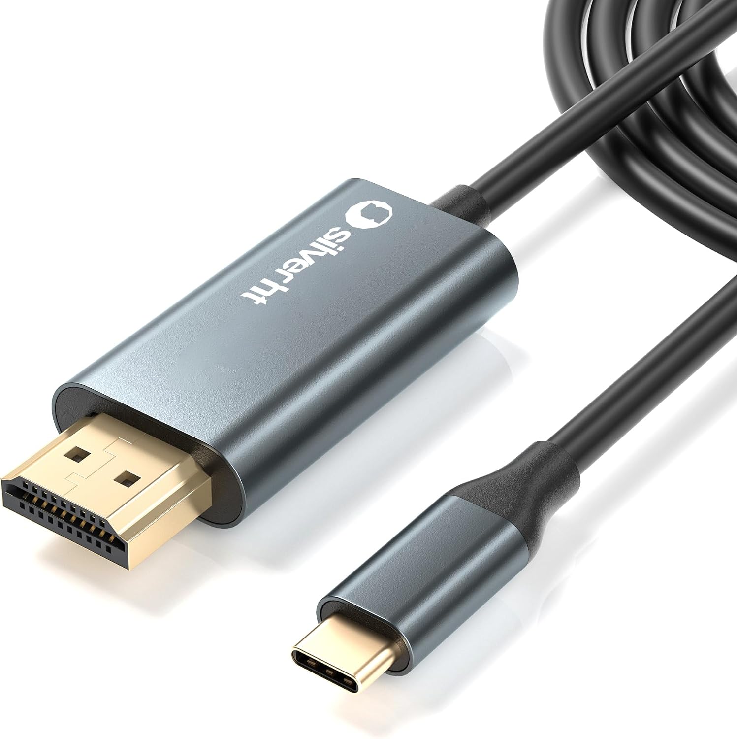 Silver HT Logan 4K Connect USB C to HDMI Connection Compatible with Smartphones, Tablets, PC, Laptops, Notebooks and Macbook/MacStudio. Ideal for Daily Use with Cable Length 1.8 Metres