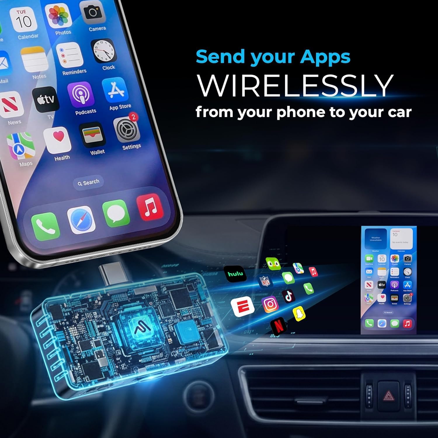 AutoSky Air Pro Wireless Display Mirror Adapter for CarPlay, Wireless CarPlay Adapter, USB-C DP Alt Mode for Smartphone, Car Mirror, Streaming and Charging - Imagen 3