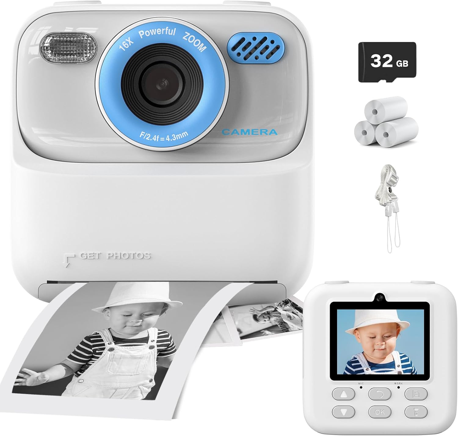 Instant Kids Photo Camera, 2.4'' HD 1080P Instant Photo Camera for Kids with 32GB Card and 3 Rolls of Printing Paper, Gift for Boys and Girls Ages 3-14, White