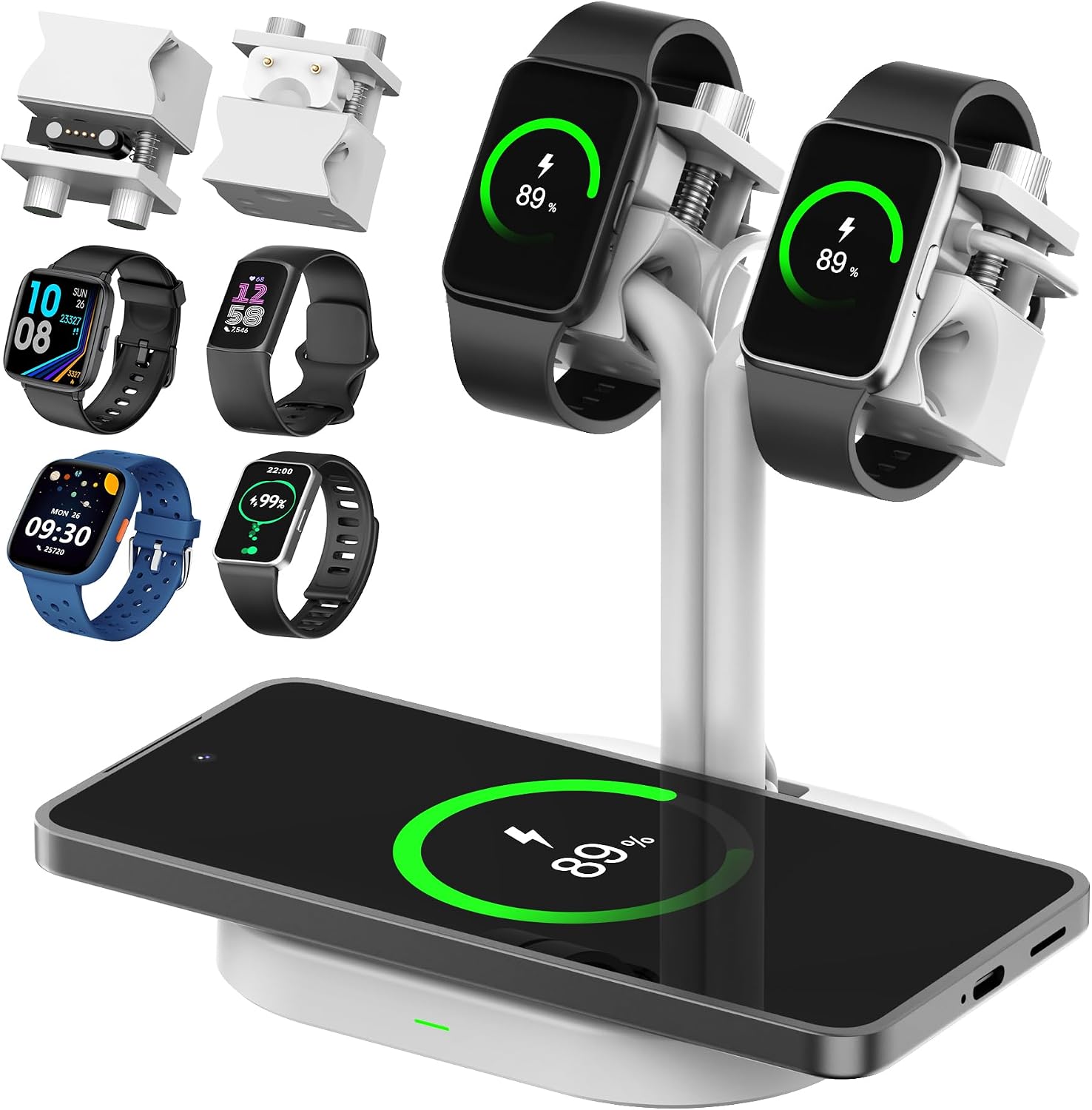 Universal 3 in 1 Adjustable Dual Watch Charging Dock, Smart Fitness Monitor Charging Stand for Samsung/Xiaomi/Amazfit/Fitpolo/GRV/TOOBUR/AGPTEK/Fire-Boltt (33SW-W)