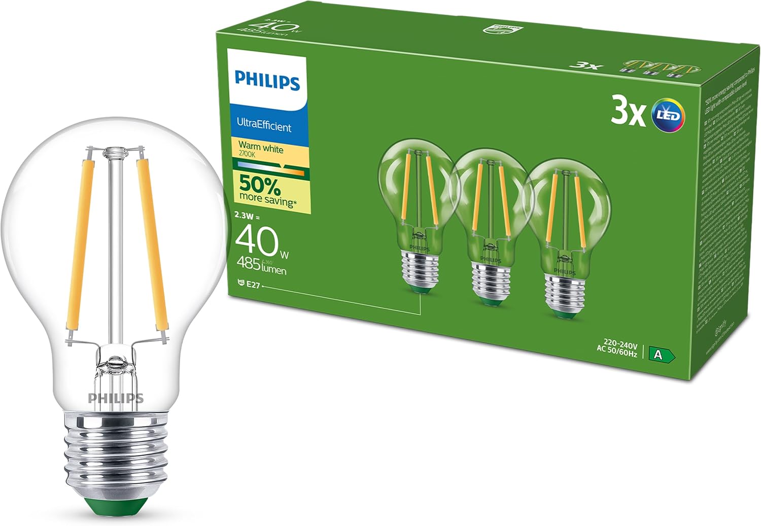 Philips Ultra Efficient LED Filament Bulb (Pack of 3), 2.3 W Equivalent to 40 W, E27, Warm Light 2700K, Energy Efficiency A