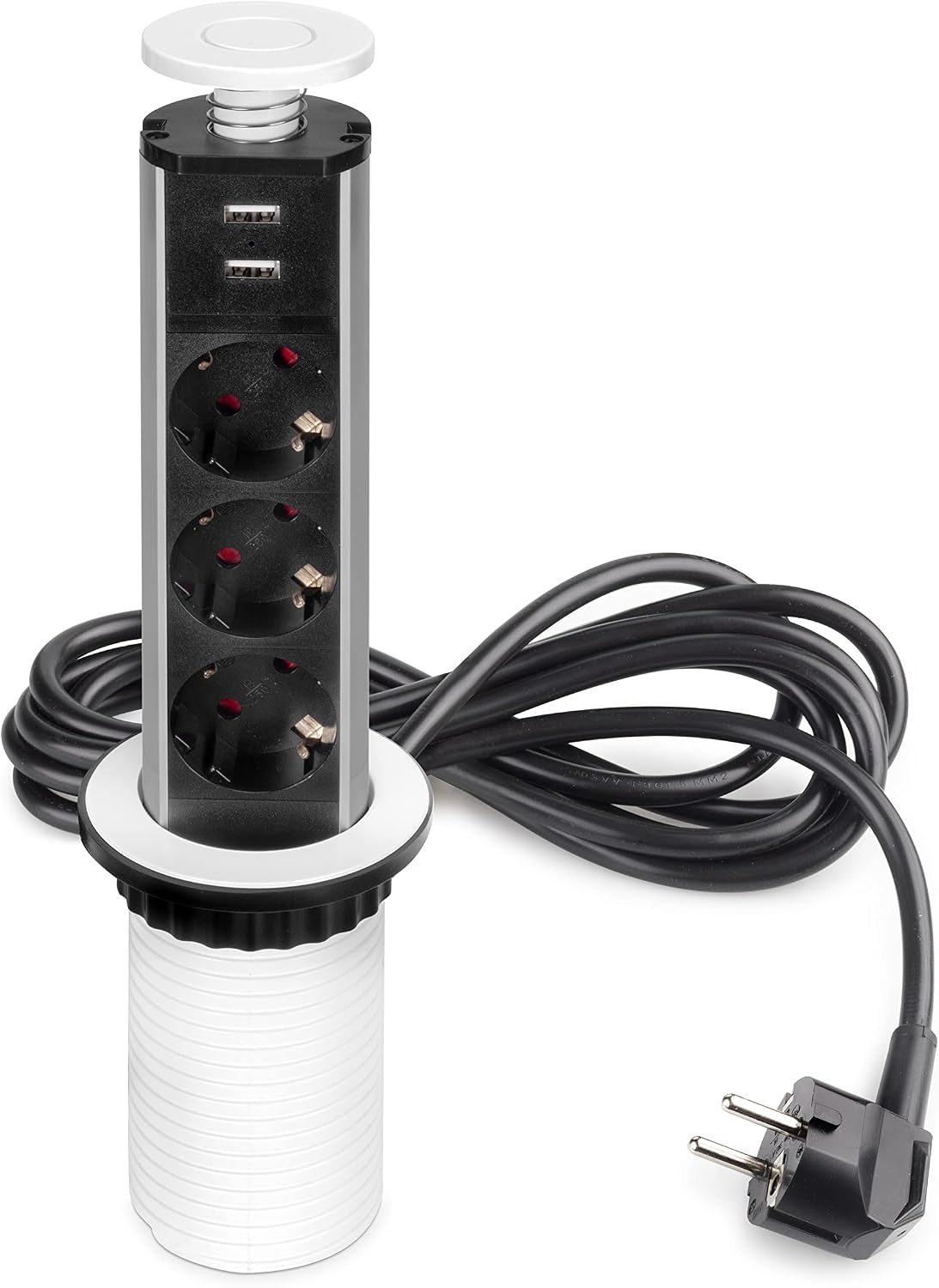 Emuca - Recessed power strips, retractable multi-plug strip, 3 EU sockets and 2 USB ports, Recessed vertical socket tower for countertop, painted white, plastic and aluminium