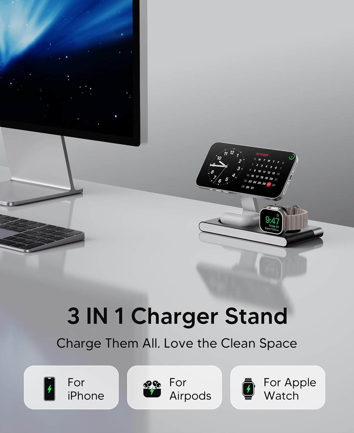 3 in 1 Foldable Magnetic Wireless Charging Station for Apple Devices, Leather Like Wireless Charging Dock with Night Light for iPhone 17/16/15/14/13/12, Apple Watch, AirPod - Imagen 6