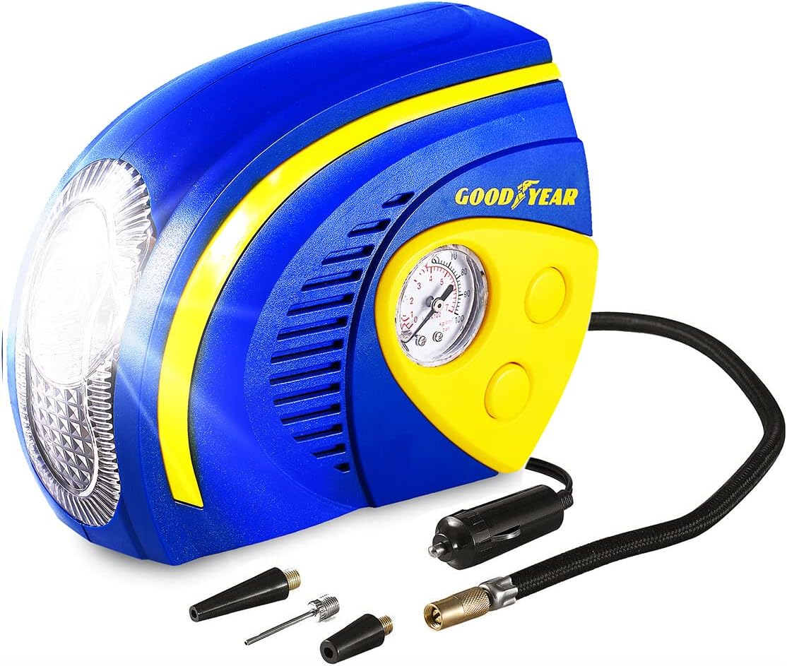 Goodyear Air Compressor Car Tire Inflator, 12V Car Tire Inflator, Tire Pump with Gauge, 12V Air Pump, Inflator Pump with LED Light, Usable