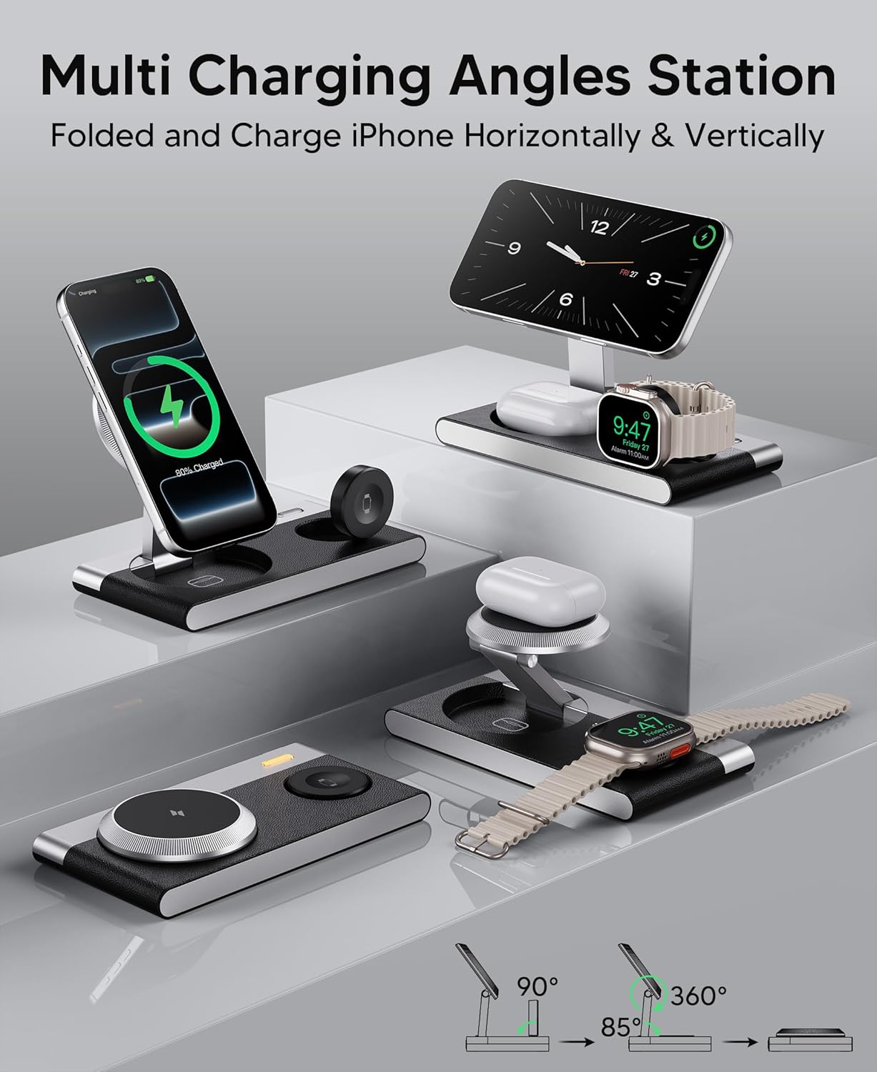 3 in 1 Foldable Magnetic Wireless Charging Station for Apple Devices, Leather Like Wireless Charging Dock with Night Light for iPhone 17/16/15/14/13/12, Apple Watch, AirPod - Imagen 5
