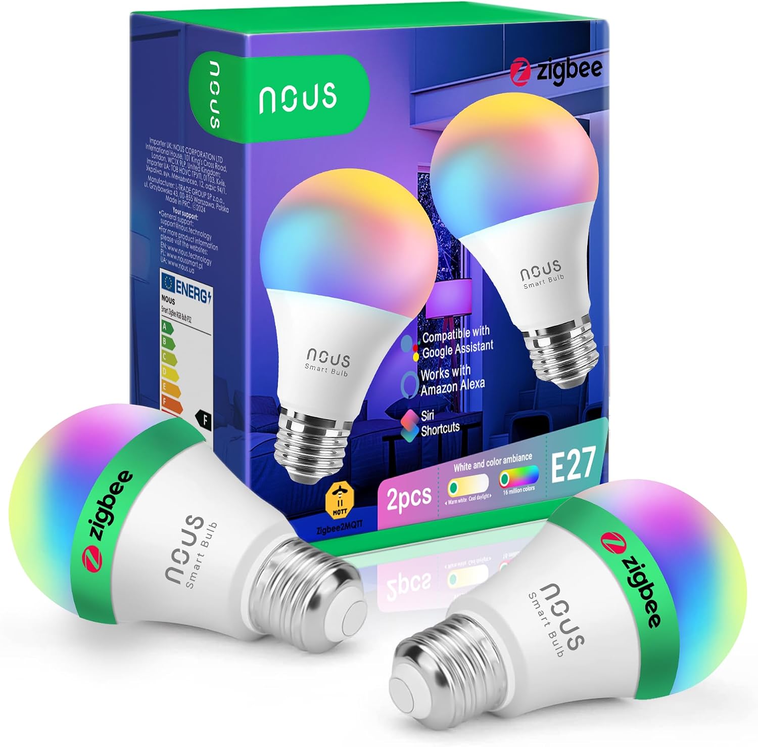 NOUS P3Z, ZigBee Bulb E27 LED Warm White, RGB Dimmable Lamp with Remote Control Decoration Bulb Accessories Compatible with Alexa, Home Assistant, M2QTT