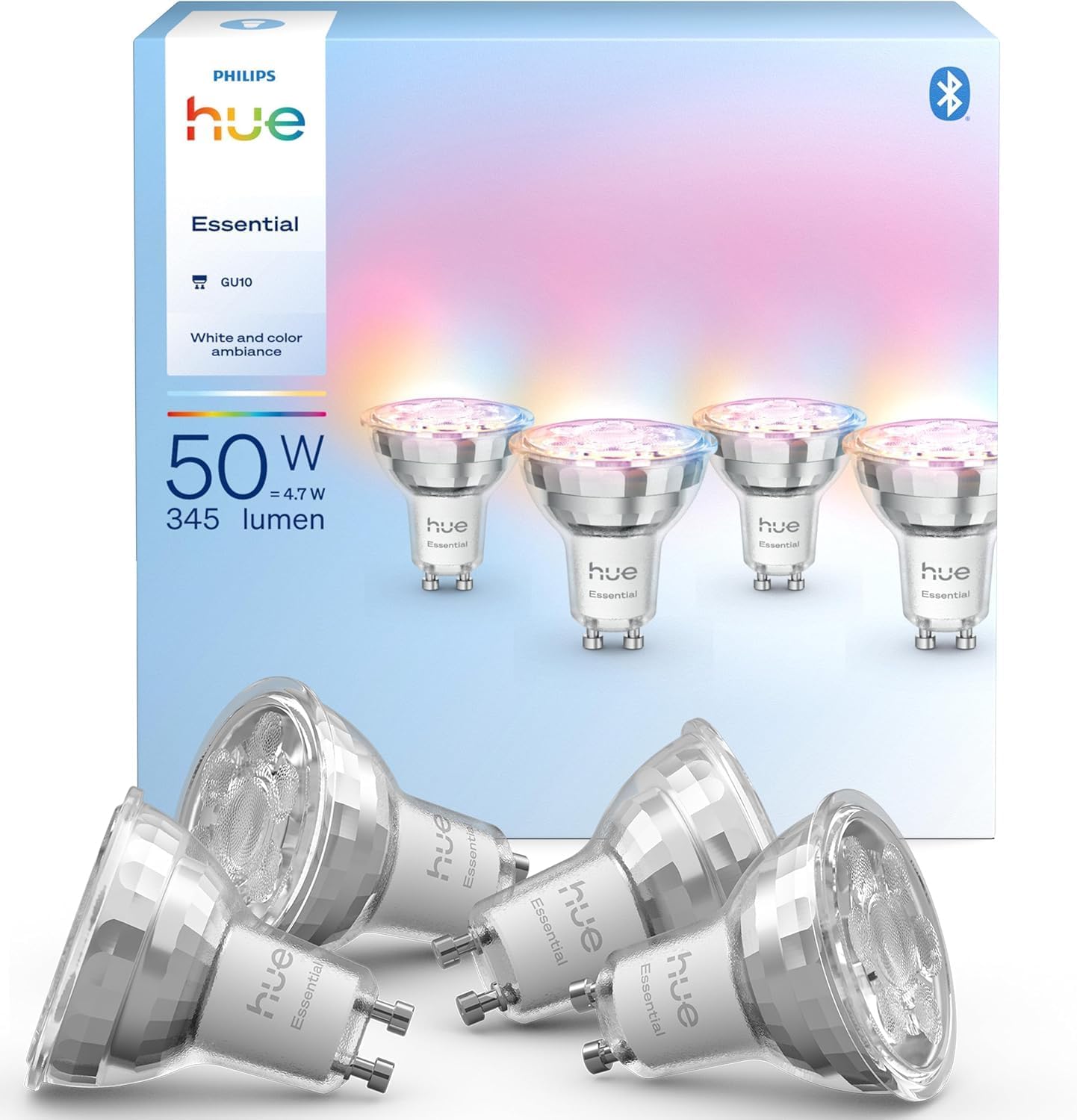 Philips Hue Spotlight Bulb GU10 Essential Smart LED, White and Color Ambiance, 4.7W, 2200K-6500K, 345 Lumens, Dimmable, Works with Alexa, Google Assistant and Apple Home, 4-Pack
