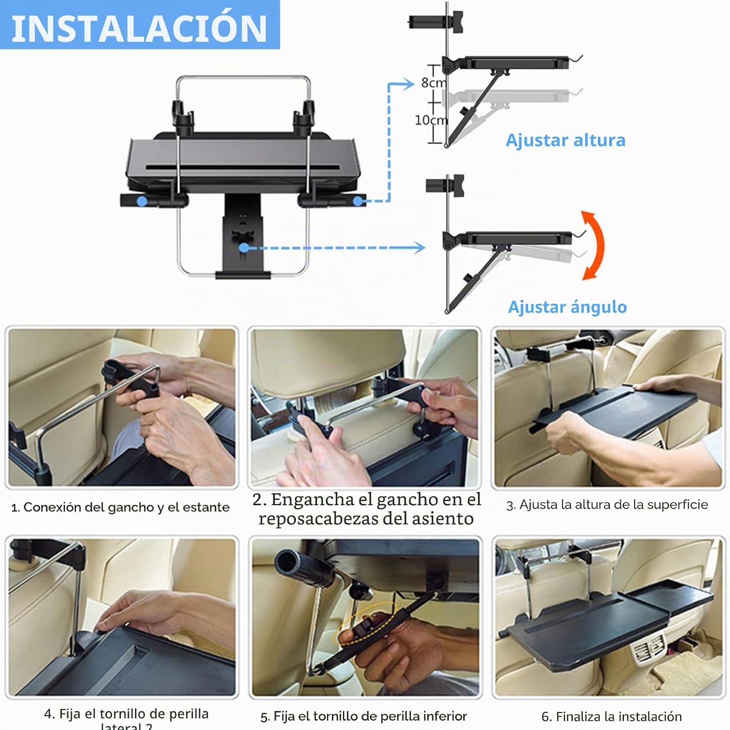 2 in 1 Car Steering Wheel Tray, Back Seat Headrest Tray for Eating Food, Drinks and Writing Work on Laptop, Black Car Desk - Imagen 5