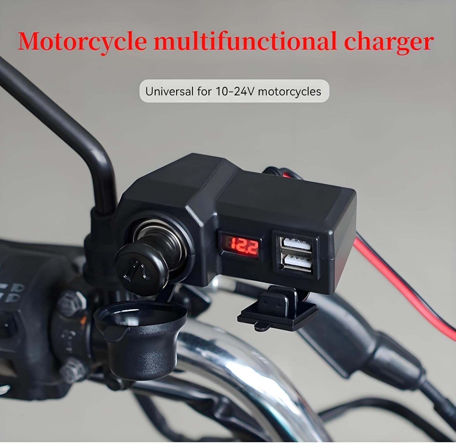 Motorcycle USB Charger with Cigarette Lighter & Voltmeter, Dual 3.4A Ports Waterproof for Car 10-24V - Imagen 2