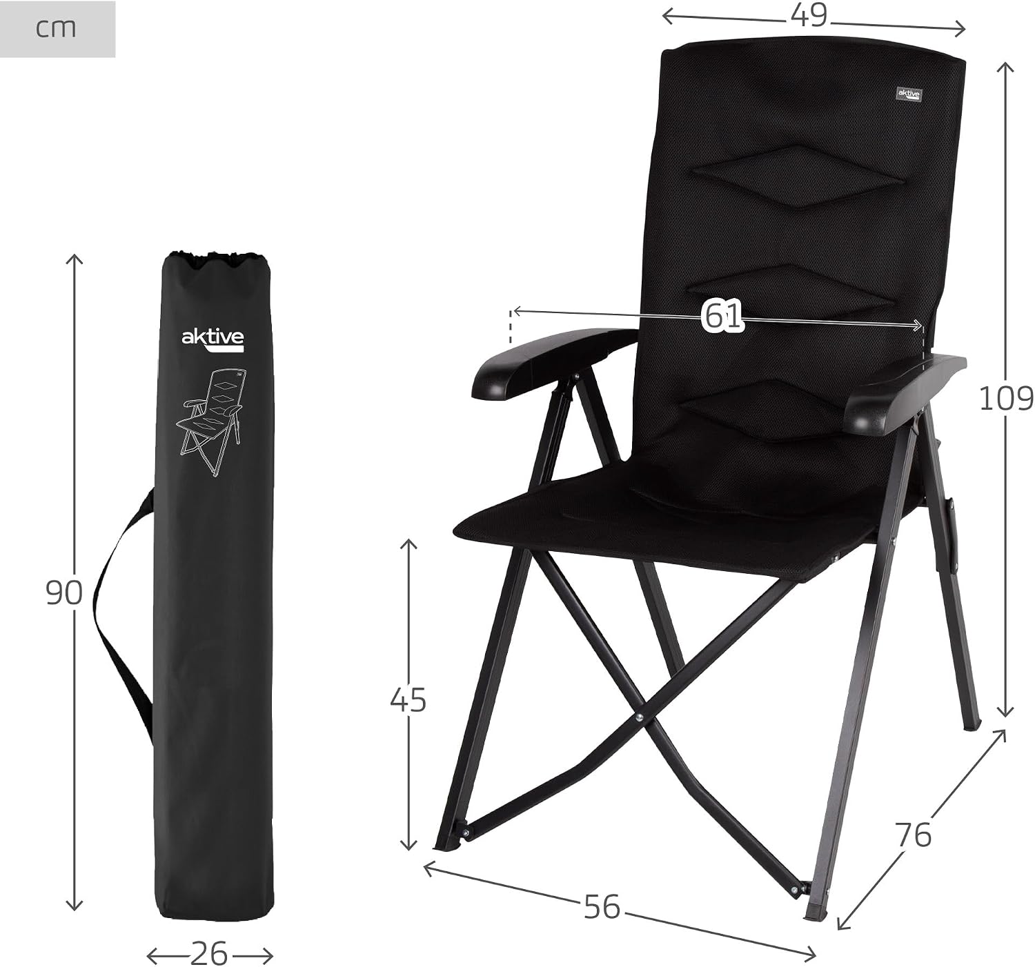 AKTIVE 63058 Padded Folding Chair, 5 Positions, Supports 110 kg, Non-Slip Stops, Aluminium Frame, Polyester Fabric, Folding Chairs, Includes Carry Case, 49 x 76 x 109 cm, Black - Imagen 2