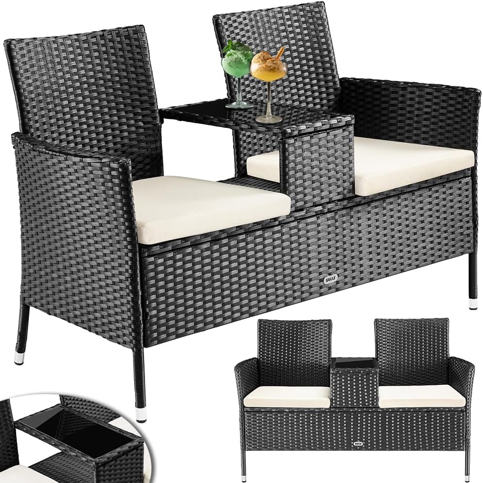 BAKAJI Polyrattan Garden Bench with Integrated Table and Cushions, 2 Seater Outdoor Bench, UV and Weather Resistant, Sofa Bench with Glass Shelf, 123 x 54 x 82.5 cm