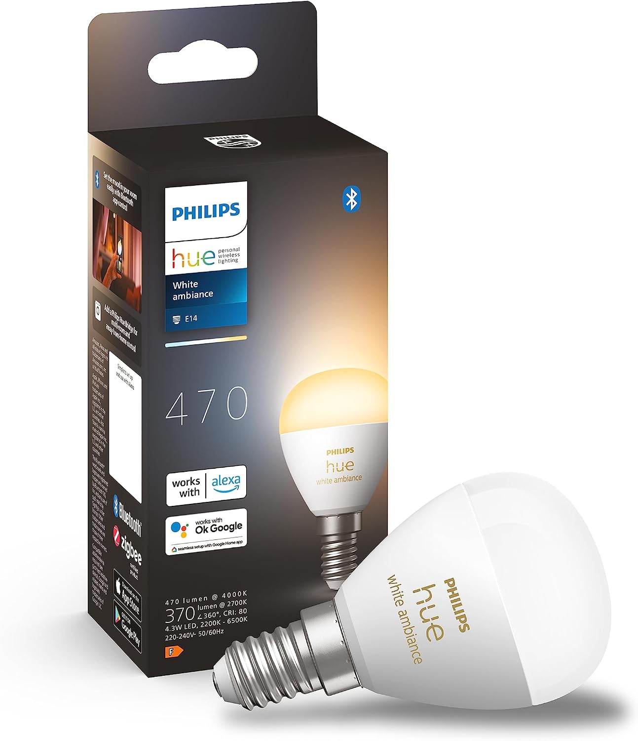 Philips Hue - Spherical Smart LED Bulb, E14 Socket, 5.1W 470 Lumens, Warm to Cold White Light, Compatible with Alexa and Google Home