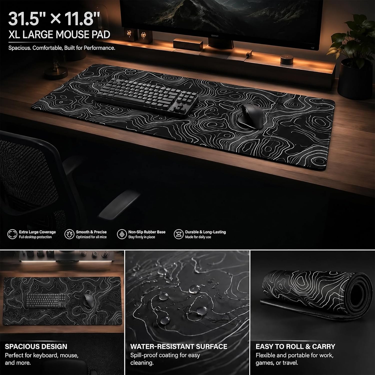 Large Mouse Pad (11.8" x 31.5", Extended Gaming Mouse Pad with Non-Slip Rubber Base, Background Topographic Map Lines, Geographic Contour for Games, - Imagen 3