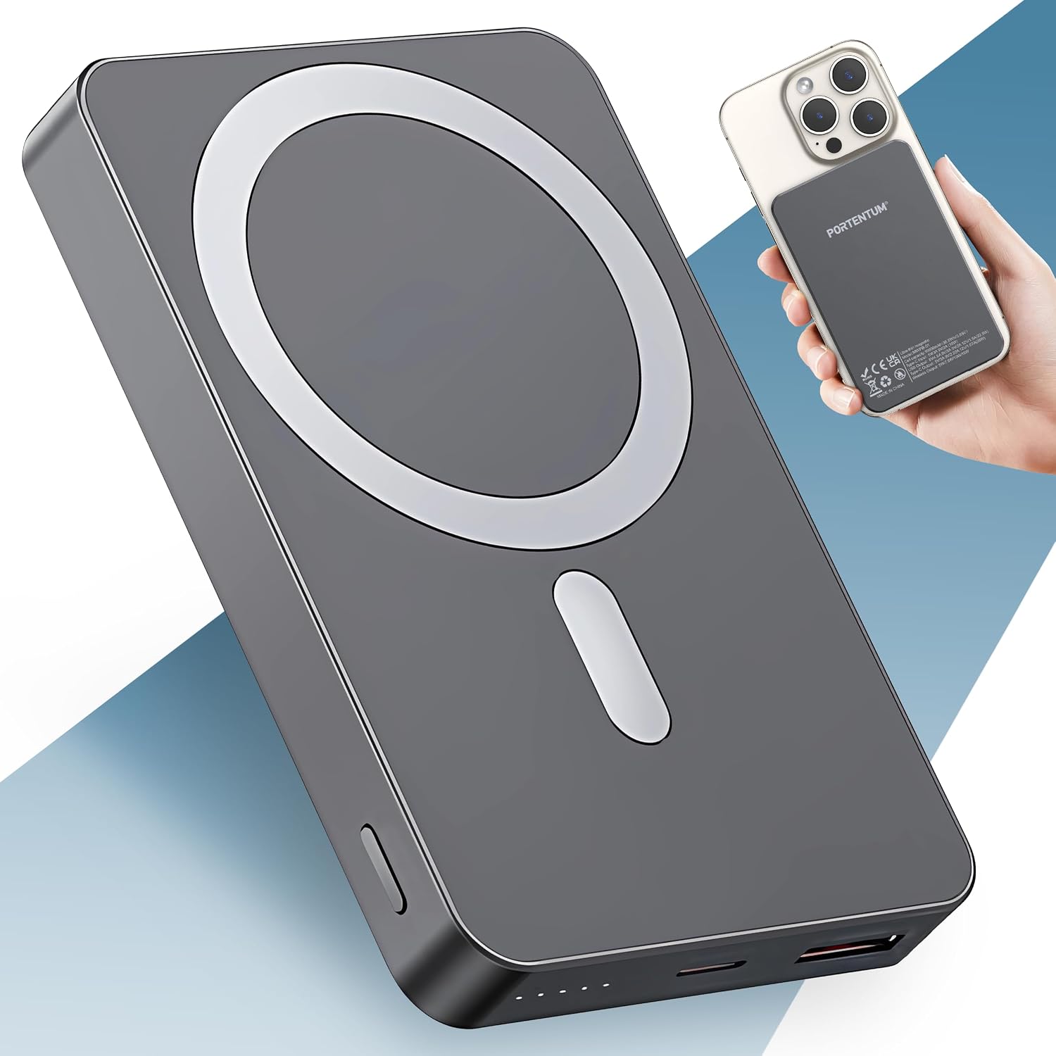 PORTENTUM Power Bank for MagSafe 10000 mAh Ultrathin 14 mm – External Battery Fast Charging 22.5 W – PD and QC Magnetic Portable Charger – Qi Wireless Powerbank 15 W – USB-C + USB-A for iPhone