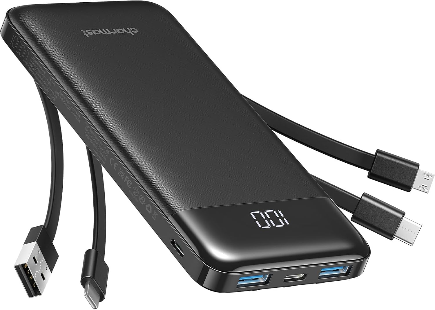 Charmast - External Battery (10000 mAh, 4 Cables, Portable Battery, USB C, with 6 Outputs and 3 Inputs for iPhone 12 13 11 Samsung S21 S22