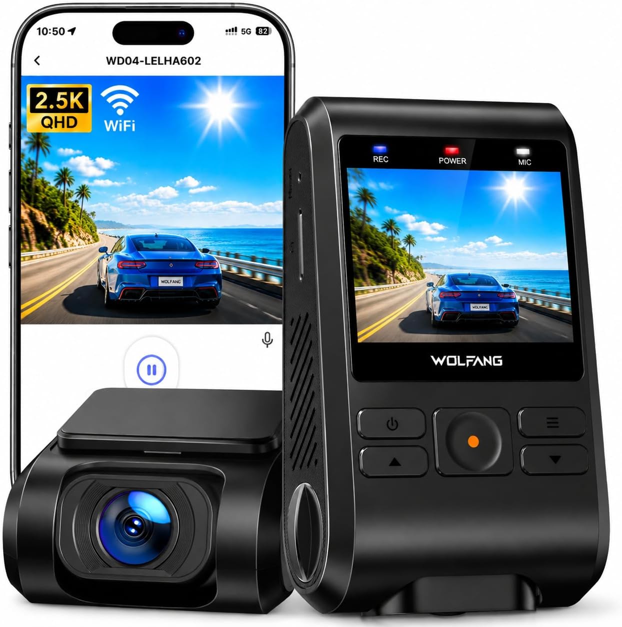 WOLFANG 2.5K FHD Car Camera, Dual Lens Car Dashcam 170º Wide Angle Parking Monitor 24H with Loop Recording and G-Sensor