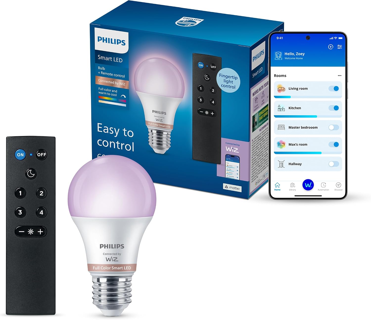 Philips Smart Lighting, A60 RGB LED Smart Bulb with Remote Control, E27, 806 lm, Color and White Adjustable 2200 K-6500 K, Low Dimming, Connected by WiZ, Alexa, Google Home, Apple Home