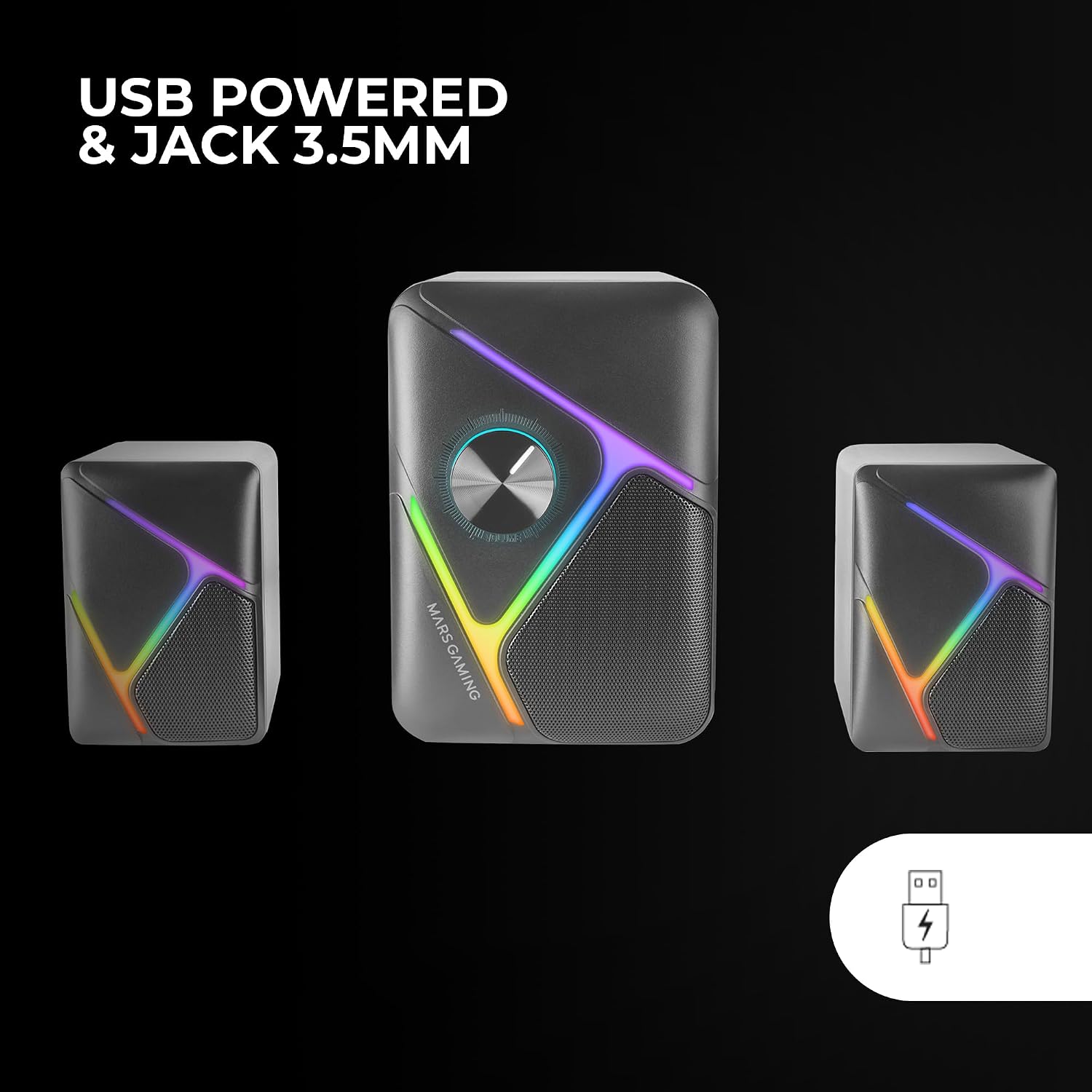 Mars Gaming MS-H21, RGB 2.1 Gaming Speakers and 35W Subwoofer, 3D Surround Inverted Drivers System, Compact Speakers with RGB Dynamic Lighting, USB Power and 3.5 mm Jack Connector, Black - Imagen 5