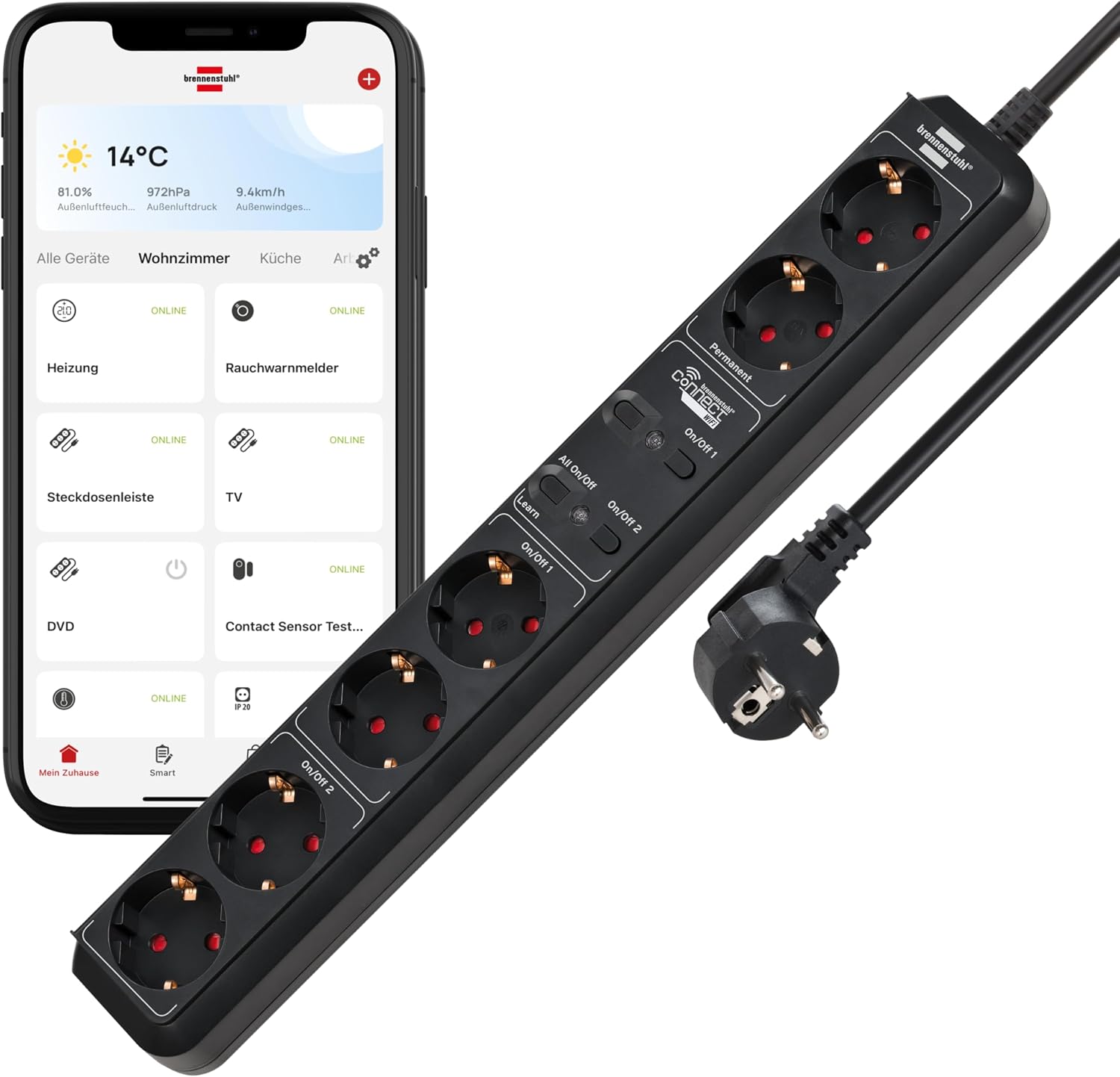 Brennenstuhl Connect WS EL0102 Eco-Line Smart Power Strip with 6 Programmable Outlets (WiFi Strip, App or Voice Control, Free App, Compatible with Alexa and Google Assistant) Black