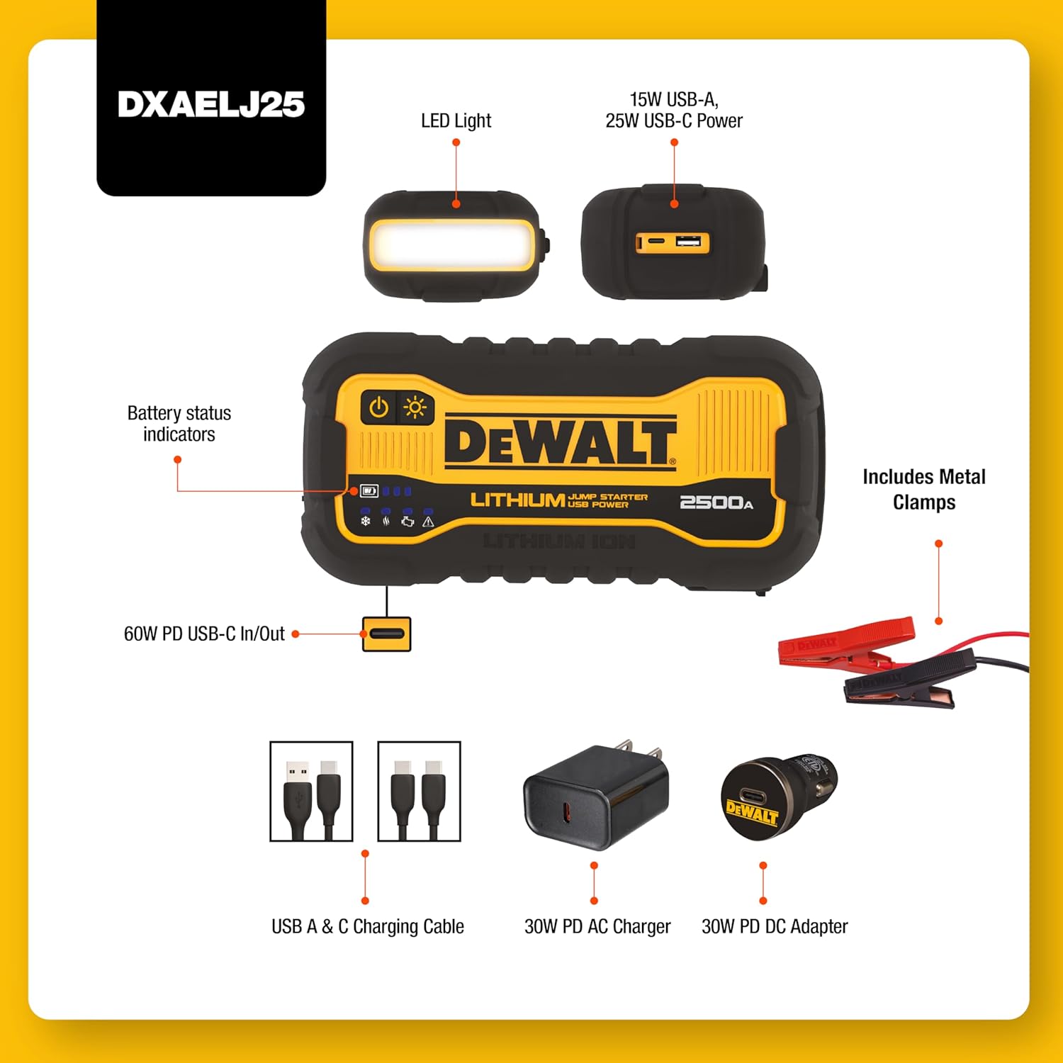 DEWALT DXAELJ25 2500 Peak Amp Portable Lithium Jump Starter with 25W Type C, 15W Type A, 60W Type C Input/Output - Imagen 2
