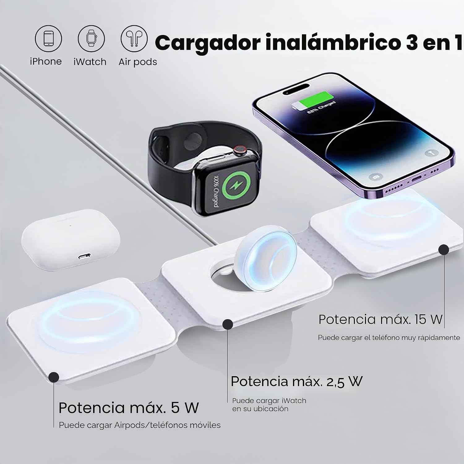 HD-Line Magnetic Wireless Charger 3 in 1 Foldable Charger Compatible with iPhone 15 14 13 12 Apple Watch Ultra 9/8/7/6/5/4/3/2/SE/AirPods 2/3/Pro, Fast Charger, White - Imagen 2