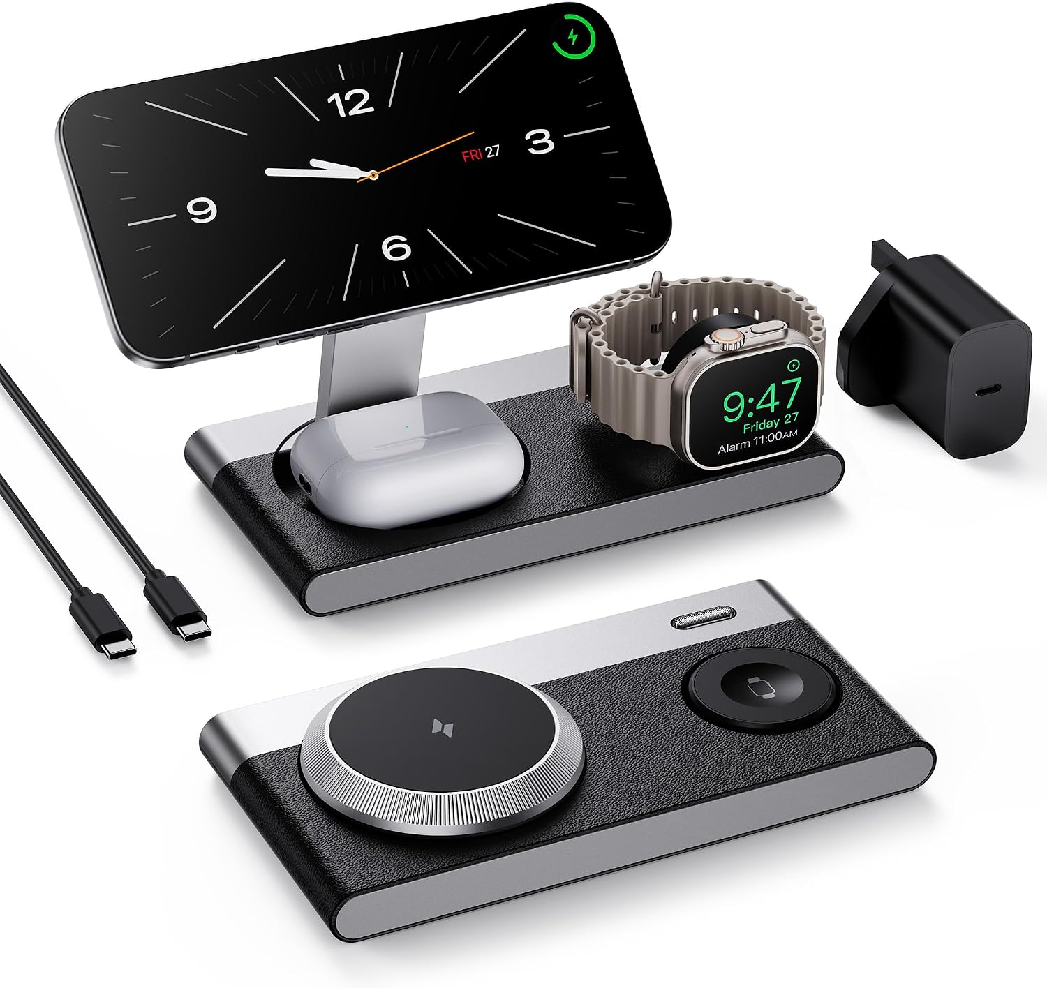 3 in 1 Foldable Magnetic Wireless Charging Station for Apple Devices, Leather Like Wireless Charging Dock with Night Light for iPhone 17/16/15/14/13/12, Apple Watch, AirPod