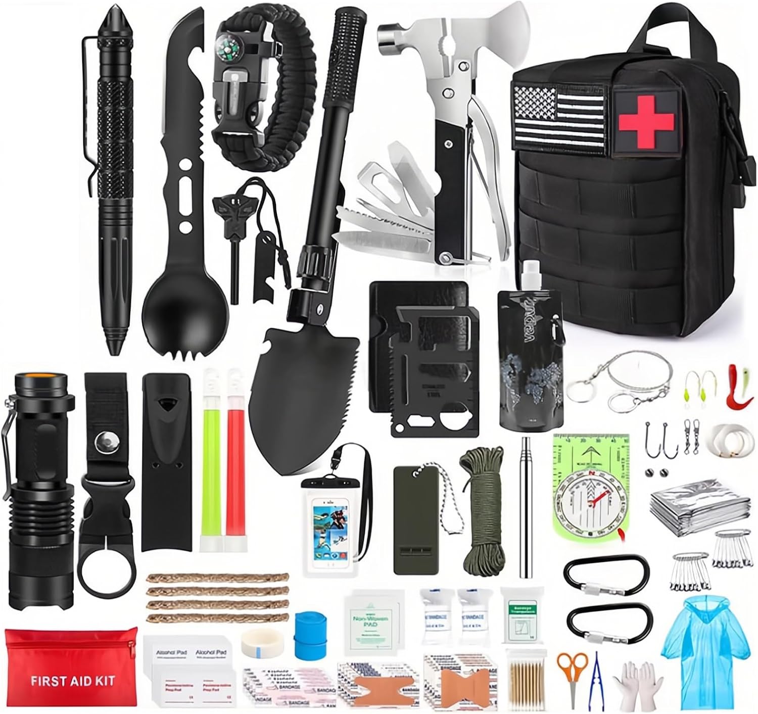 210 Piece Tactical Survival Kit with Emergency Bag, First Aid Kit and Bag for Mountaineering and Fishing Gear for Earthquakes, Getaways and Outdoor Adventures