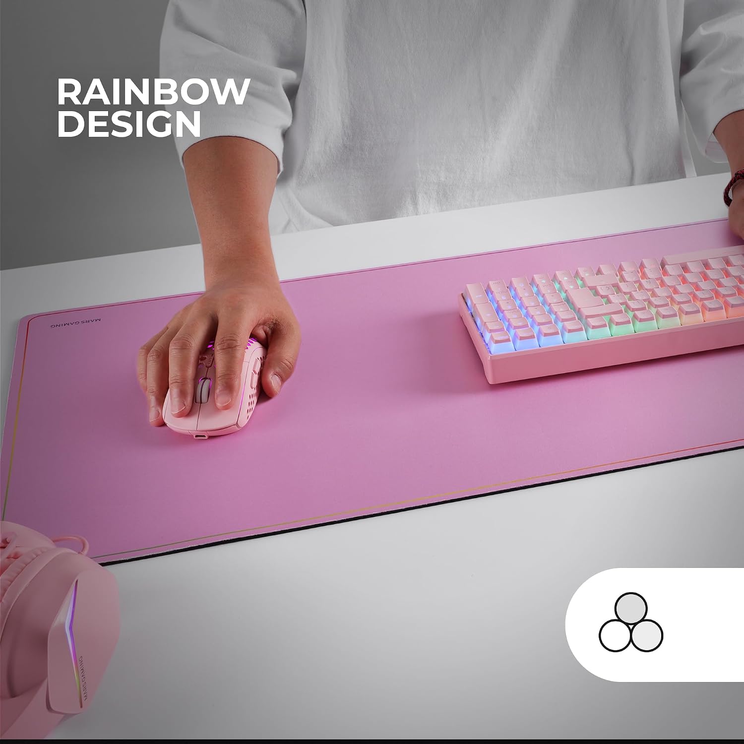 MARSGAMING MMP224, Alfombrilla Gaming XXL 880x330mm, Diseño de Bordes Rainbow, Base Antideslizante de Caucho Natural, Superficie Nanotextil de Alta Precisión, Alfombrilla de Ratón Flexible, Rosa - Imagen 2