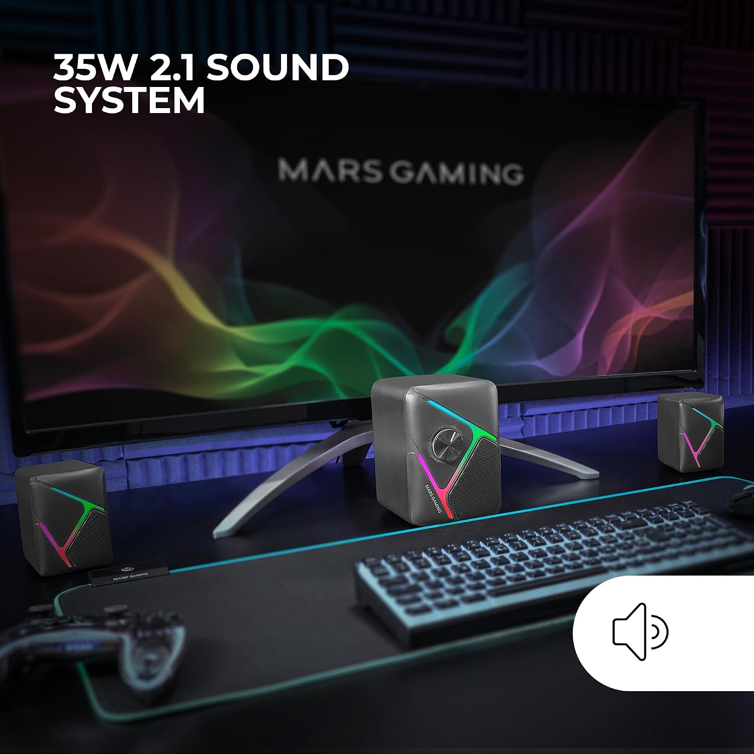 Mars Gaming MS-H21, RGB 2.1 Gaming Speakers and 35W Subwoofer, 3D Surround Inverted Drivers System, Compact Speakers with RGB Dynamic Lighting, USB Power and 3.5 mm Jack Connector, Black - Imagen 2