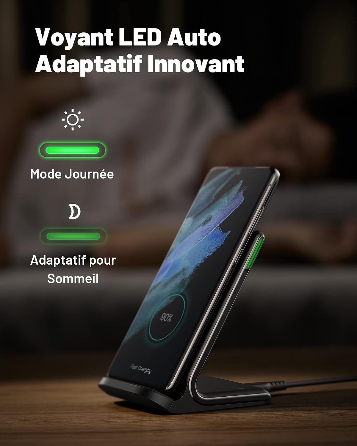 INIU Fast Wireless Charger, Qi Certified Wireless Charging Stand with USB Charger QC3.0 Adapter - Imagen 2