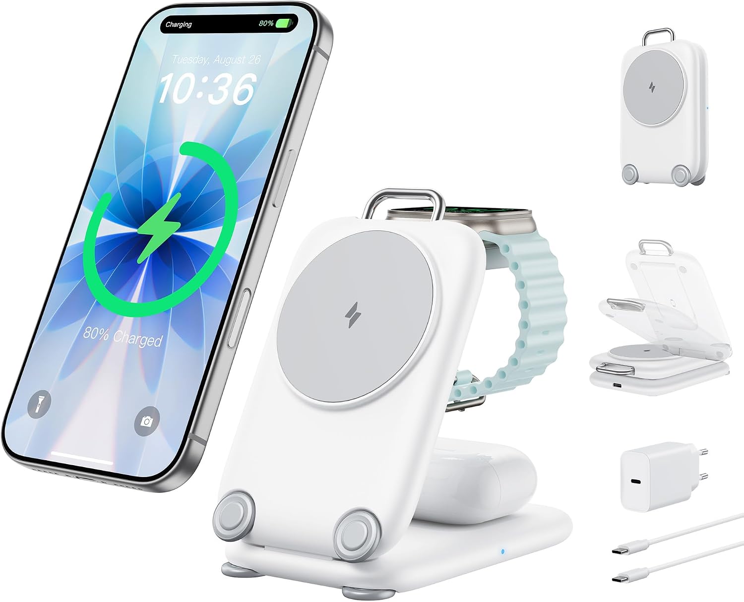 Mukiya Wireless Charger Portable Charging Station Magnetic Charger Foldable Charger 3 in 1 Compatible with iPhone 17,16,15,14,13,12, Apple Watch and AirPods 4,3,2,Pro