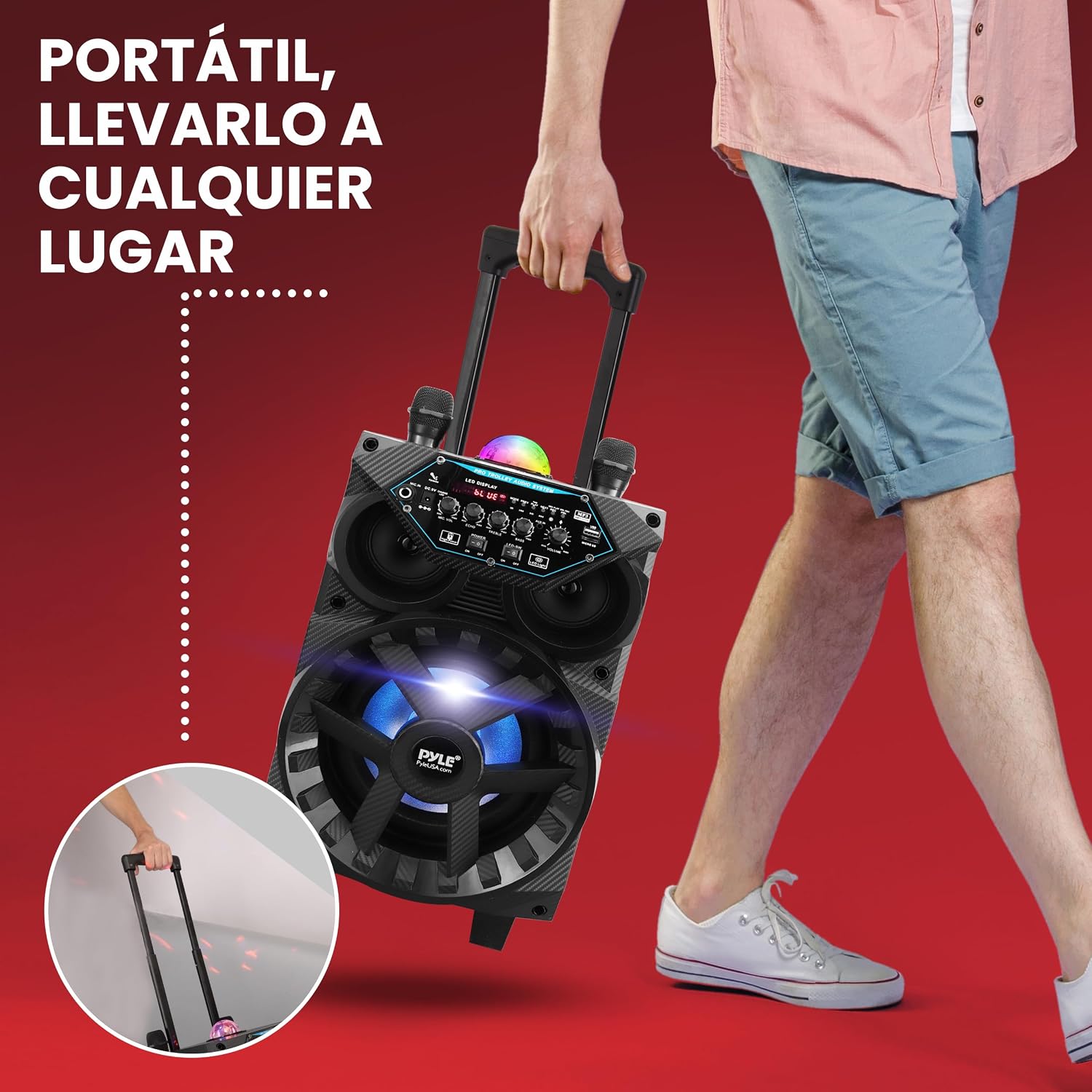 Pyle Bluetooth Speaker, Powerful, 580 W, Wireless, Lights, Karaoke, Portable, Microphone, USB, AUX, MP3, SD, FM, Trolley with Wheels - Imagen 6