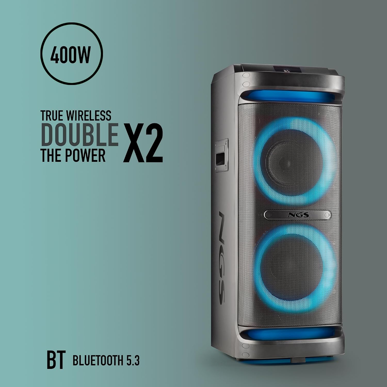 NGS Wild Space 2 – Portable Speaker, Compatible with Bluetooth Technology, True Wireless Stereo, Subwoofer + Dual Tweeter, Micro SD/USB/AUX IN, Wheels, Black | 2000W (RMS:400W) Subwoofer and dual tweeter. Wheels; Micro SD, USB and AUX IN inputs True Wireless. RGB Lights - Imagen 2