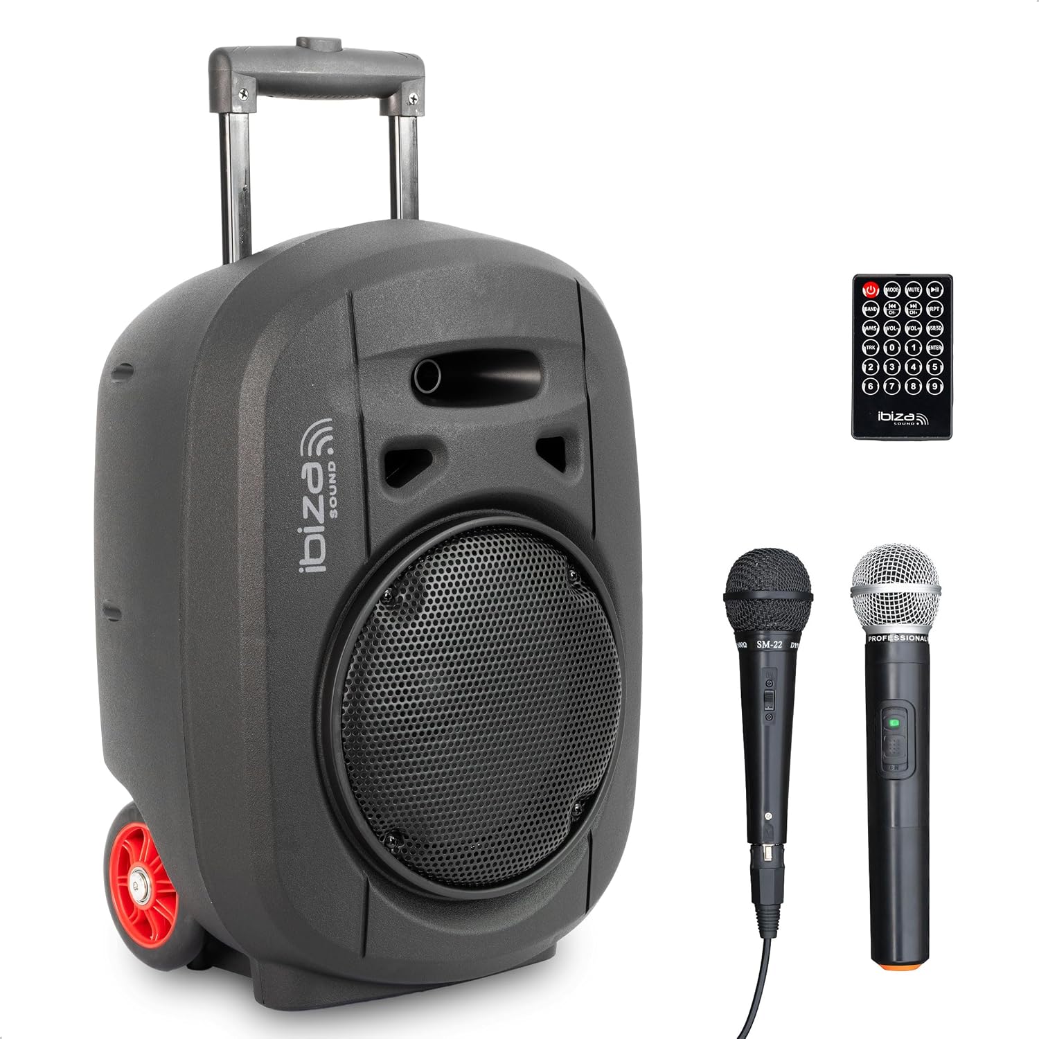 Ibiza - PORT8UHF-MKII-TWS - Portable speaker 8"/400 W MAX with 1 wired microphone and 1 UHF microphone, Remote control and carrying case - Bluetooth, USB, SD and TWS - 6-8 Hours of battery life