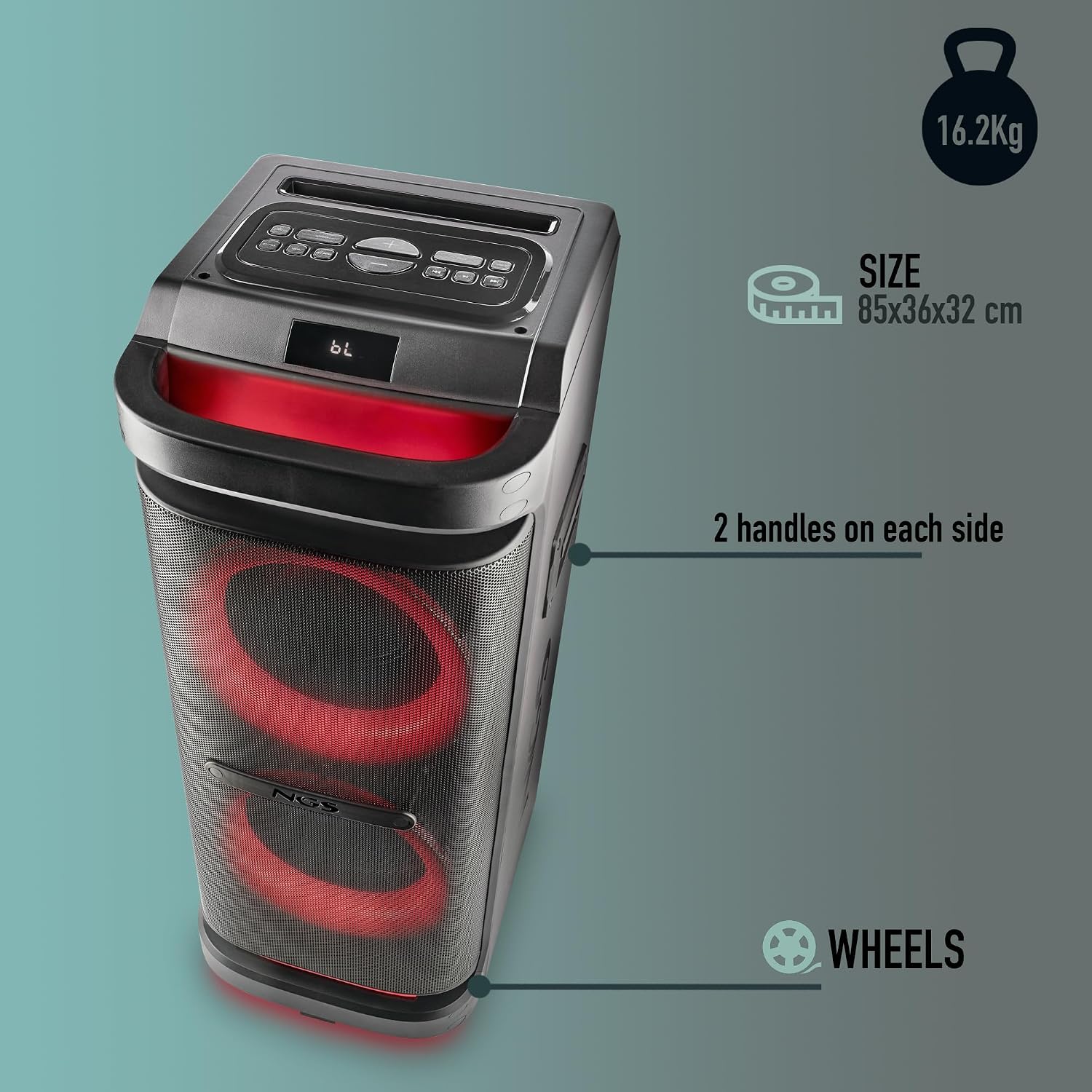 NGS Wild Space 2 – Portable Speaker, Compatible with Bluetooth Technology, True Wireless Stereo, Subwoofer + Dual Tweeter, Micro SD/USB/AUX IN, Wheels, Black | 2000W (RMS:400W) Subwoofer and dual tweeter. Wheels; Micro SD, USB and AUX IN inputs True Wireless. RGB Lights - Imagen 6