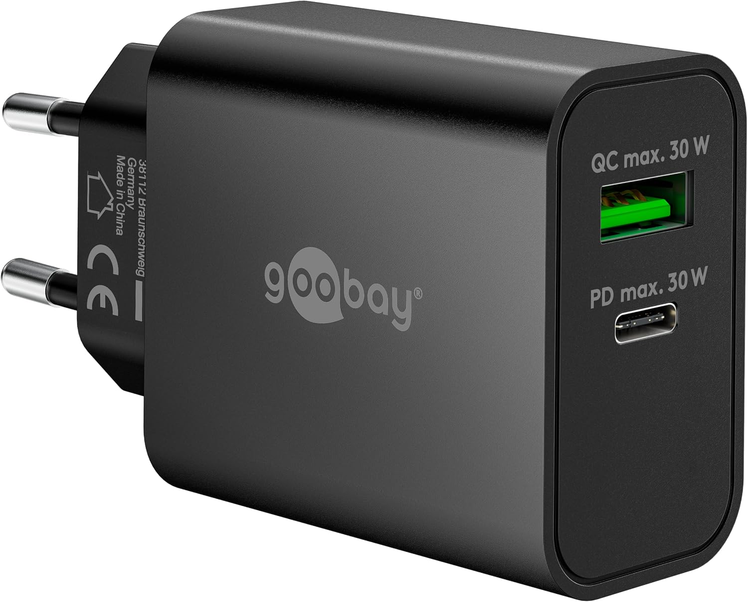goobay Dual USB-C PD GAN Fast Charger, 30W, 1x USB-C Power Delivery + 1x USB-A Quick Charge, Compact, Simultaneous Charging, Compatible with iPhone, Samsung, Xiaomi, iPad, Black, 75335